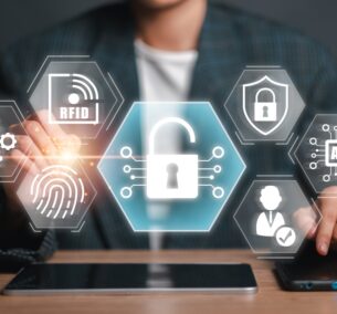 Person,Interacting,With,Digital,Interface,Displaying,Access,Control,Icons,,Representing