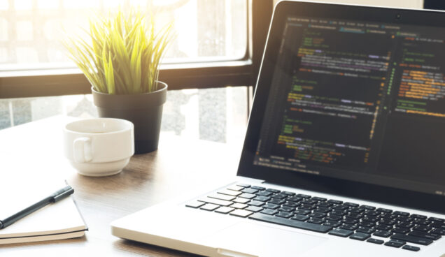 Wood,Software,Developer,Or,Programmer,Office,Desk,Table,With,Laptop