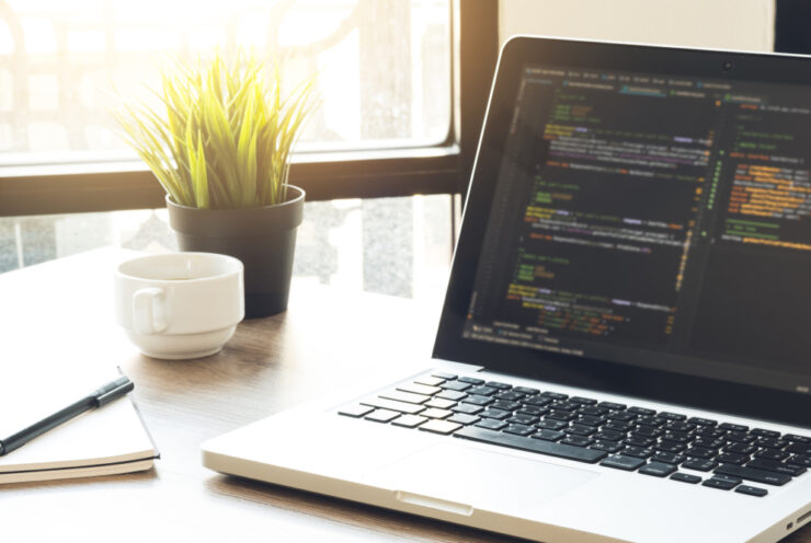 Wood,Software,Developer,Or,Programmer,Office,Desk,Table,With,Laptop